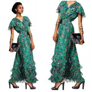 Duro Olowu Green floral Ruffle Maxi Dress Sz XS Flowy Casual